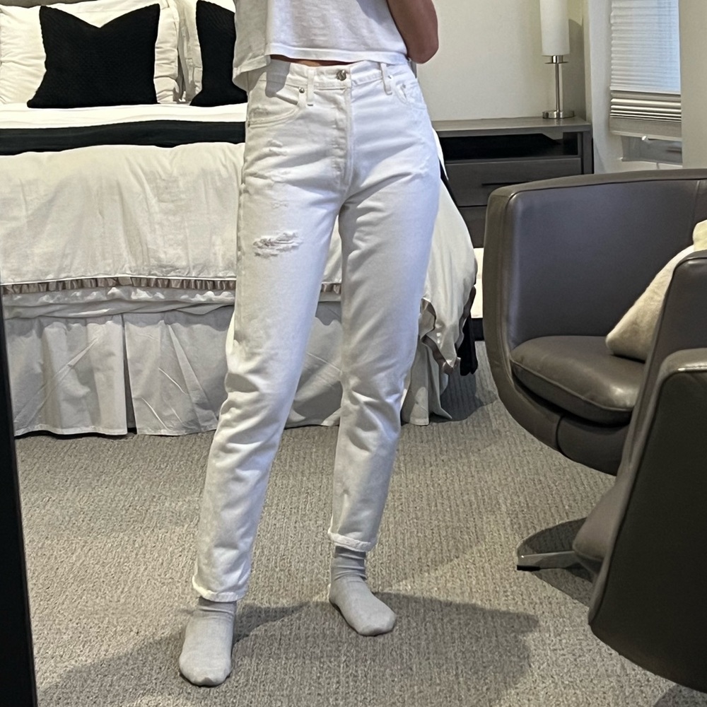 White Agolde distressed mom jeans